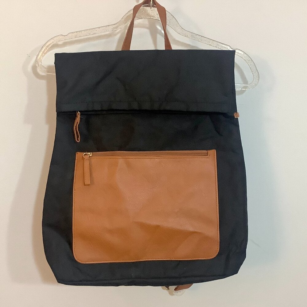 Back Pack Fabric Vinyl Handy Flat Never Used Black Brown Minimalist Slim Trendy
